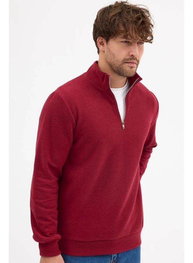 Mmetalic  Men's Maroon Standard Fit Regular Cut Cotton Half-Zip Stand Collar Sweatshirt for Men | Best Price UAE