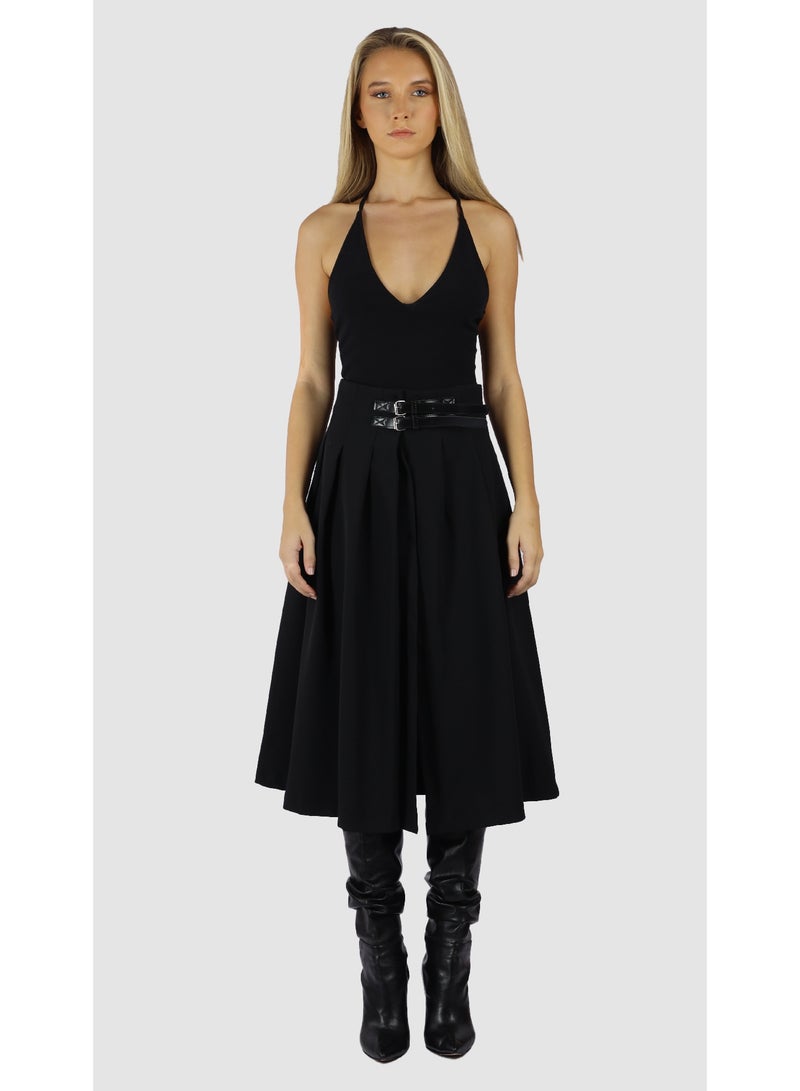 KYVELi Women’s High-Waisted Pleated Midi Skirt with Belt Detail – Black - Image 2