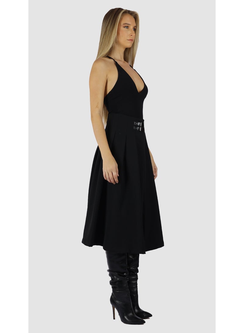 KYVELi Women’s High-Waisted Pleated Midi Skirt with Belt Detail – Black - Image 3