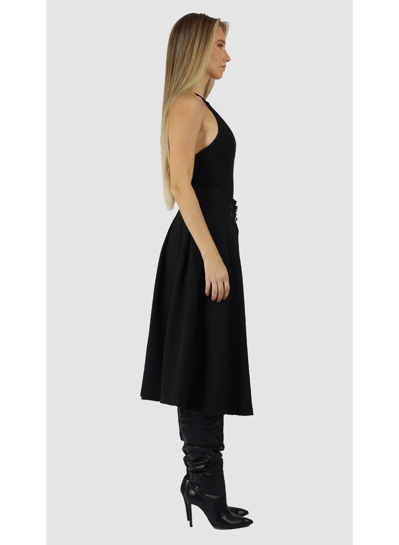 KYVELi Women’s High-Waisted Pleated Midi Skirt with Belt Detail – Black - Image 4