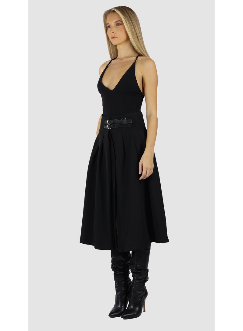 KYVELi Women’s High-Waisted Pleated Midi Skirt with Belt Detail – Black - Image 5