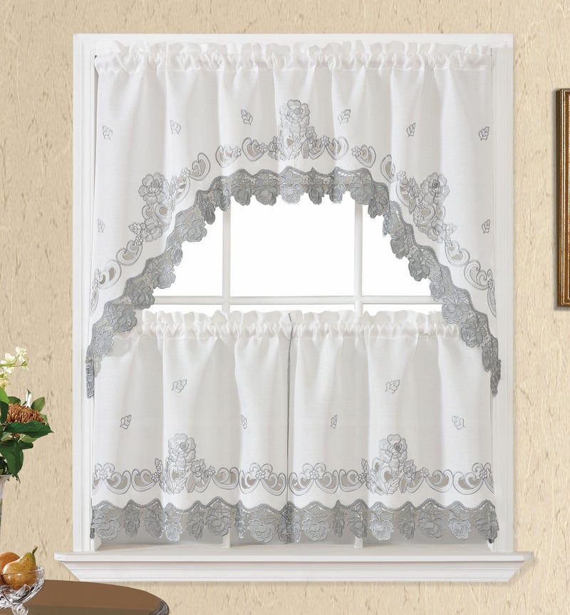 GOHD Golden Ocean Home Decor GOHD Lace Rosarium Kitchen Curtains 3PCS Kitchen Curtains and Valances Set Elegant White Fabric with Rose Embroidery and Lace Grey Swag and 22 inches Tiers Set