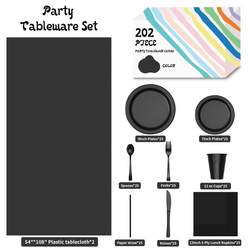 JHDZDHY JHDZDHY 202 Pieces Disposable Plastic Dinnerware Set  Plastic Cutlery Set Includes 25 Of Each Dinner Plates|Dessert Plates|Cups|Napkins|Straws|Spoons  Forks & Knives (Black  202PCS(25 Guests))  - Image 2