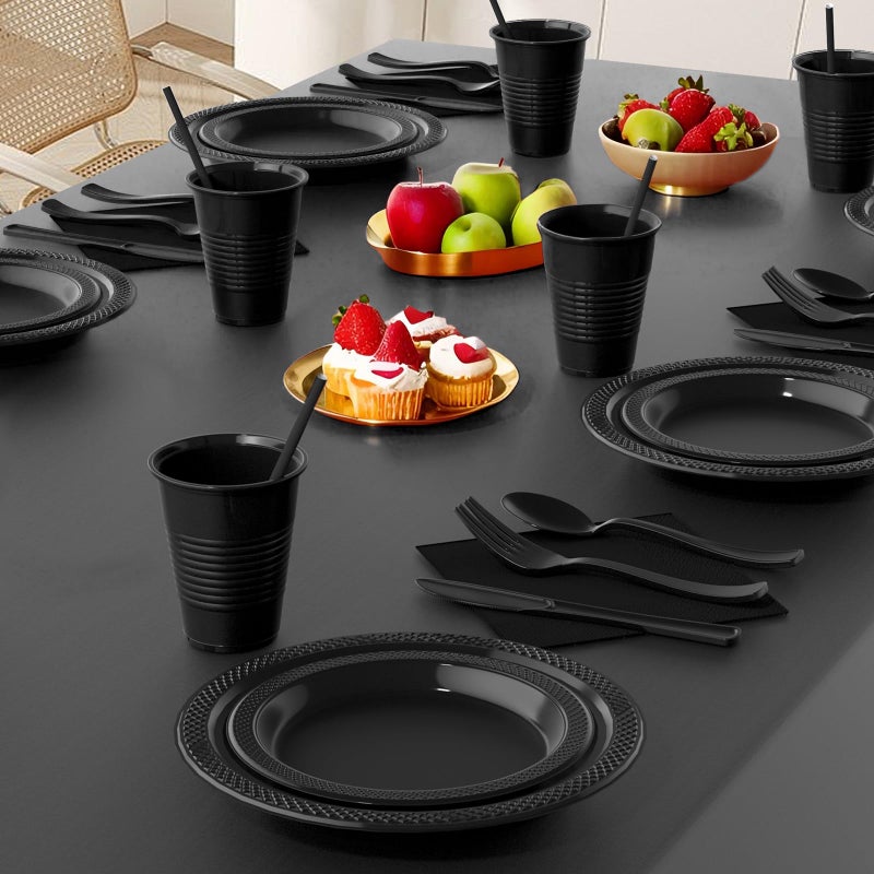 JHDZDHY JHDZDHY 202 Pieces Disposable Plastic Dinnerware Set  Plastic Cutlery Set Includes 25 Of Each Dinner Plates|Dessert Plates|Cups|Napkins|Straws|Spoons  Forks & Knives (Black  202PCS(25 Guests))  - Image 3