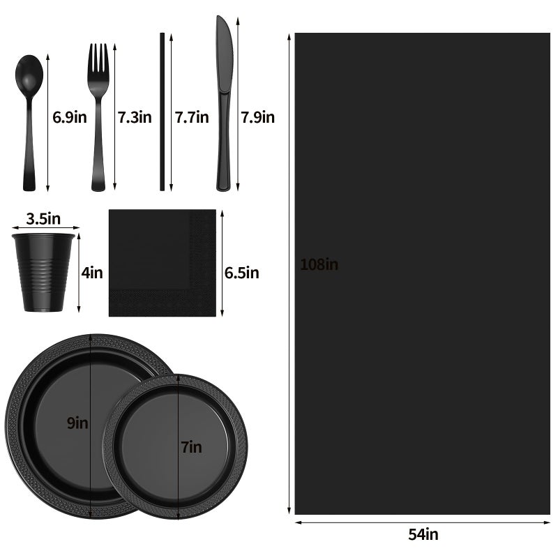 JHDZDHY JHDZDHY 202 Pieces Disposable Plastic Dinnerware Set  Plastic Cutlery Set Includes 25 Of Each Dinner Plates|Dessert Plates|Cups|Napkins|Straws|Spoons  Forks & Knives (Black  202PCS(25 Guests))  - Image 1