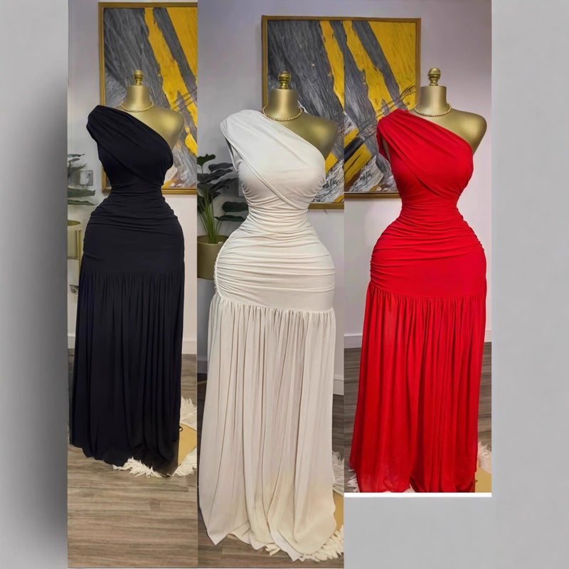 Women's Spring 2025 Solid Color Sleeveless Asymmetric Neck Pleated Slim Fit Side Slit Long Dress - Image 1