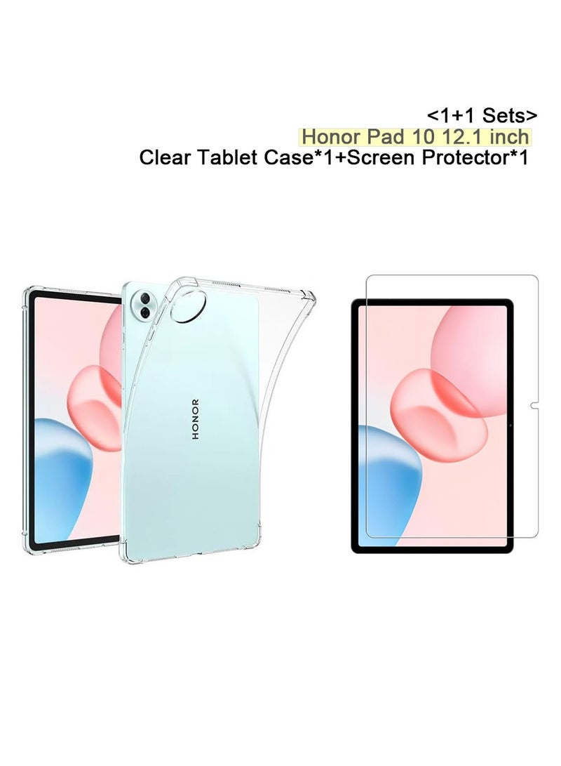 【1+1 Sets】 Tablet Case  Screen Protector Soft Silicone Shock Absorption Protective Cover 9H Tempered Glass Film HD For Honor Pad 10 12.1 inch Clear