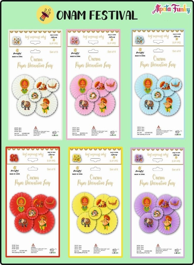 Atpata Funky 6pcs Happy Onam Theme Paper Fans Set - Kerala Festive Decor with Vallamkali, Onam Sadhya, Pookalam, Kaikottikali, Thiruvathirakali, Pulikali, Athachamayam, King Mahabali Cutouts (Red) - Image 3
