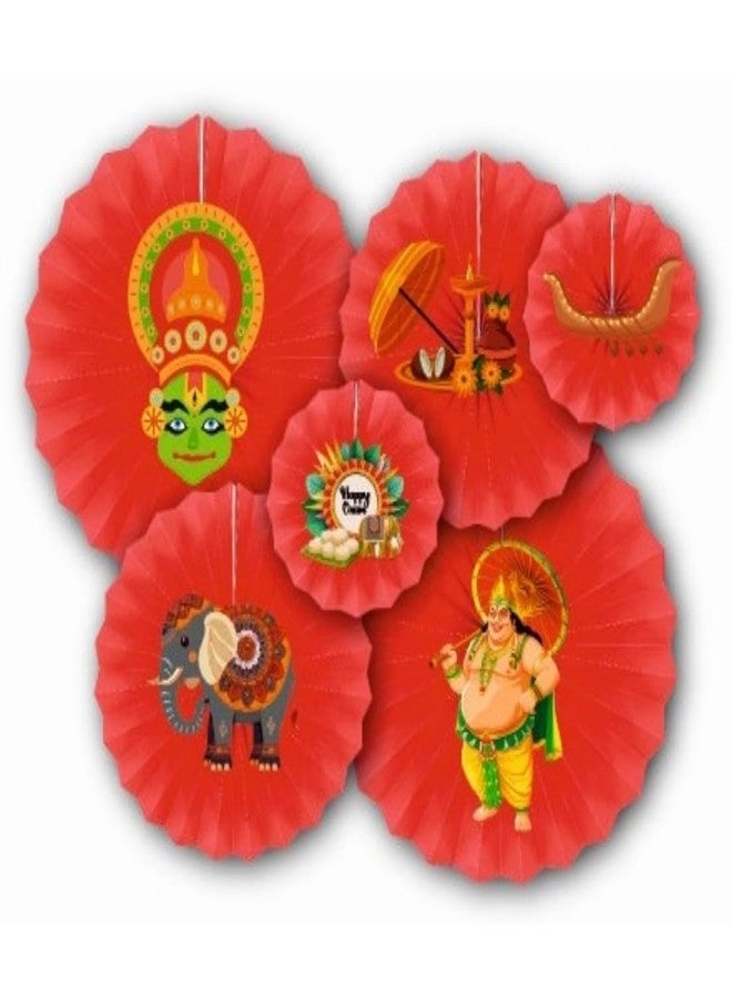 Atpata Funky 6pcs Happy Onam Theme Paper Fans Set - Kerala Festive Decor with Vallamkali, Onam Sadhya, Pookalam, Kaikottikali, Thiruvathirakali, Pulikali, Athachamayam, King Mahabali Cutouts (Red) - Image 1