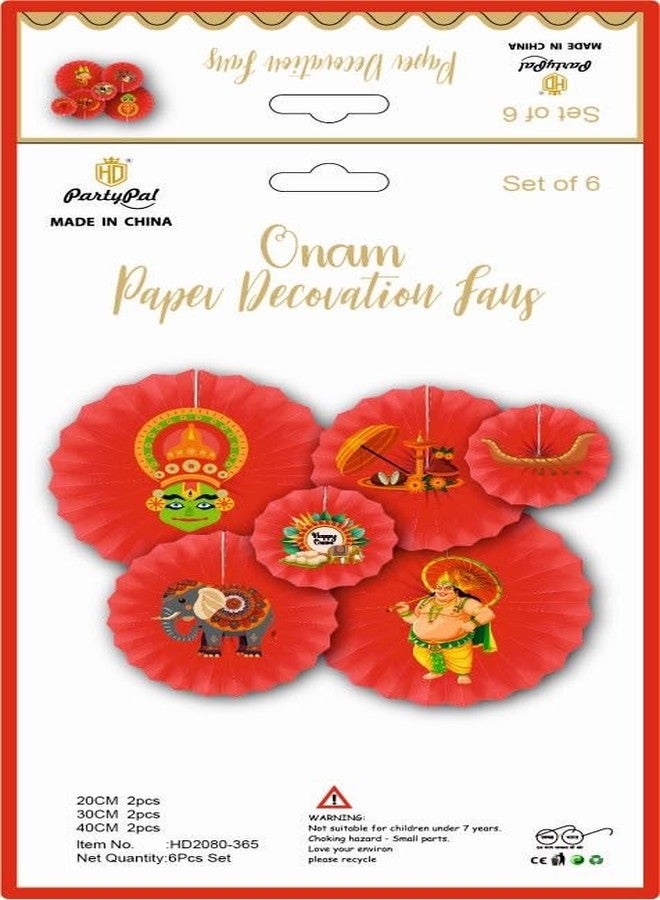 Atpata Funky 6pcs Happy Onam Theme Paper Fans Set - Kerala Festive Decor with Vallamkali, Onam Sadhya, Pookalam, Kaikottikali, Thiruvathirakali, Pulikali, Athachamayam, King Mahabali Cutouts (Red) - Image 2