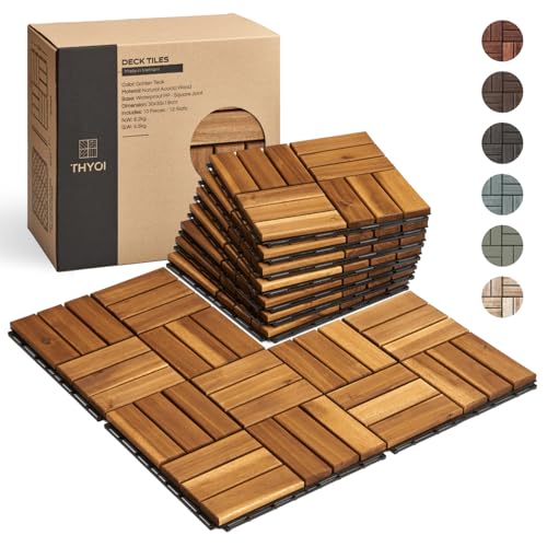 THYOI Deck Tiles, Patio Flooring - Outdoor Waterproof Acacia Wood Tiles for All Weather Use - Balcony, Backyard, Indoor & Outdoor (Golden Teak Crossed Pattern, 10 Pcs - 10 Square Ft) - Image 1