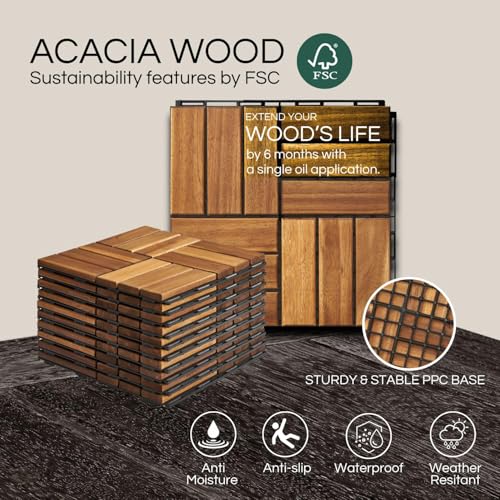THYOI Deck Tiles, Patio Flooring - Outdoor Waterproof Acacia Wood Tiles for All Weather Use - Balcony, Backyard, Indoor & Outdoor (Golden Teak Crossed Pattern, 10 Pcs - 10 Square Ft) - Image 4