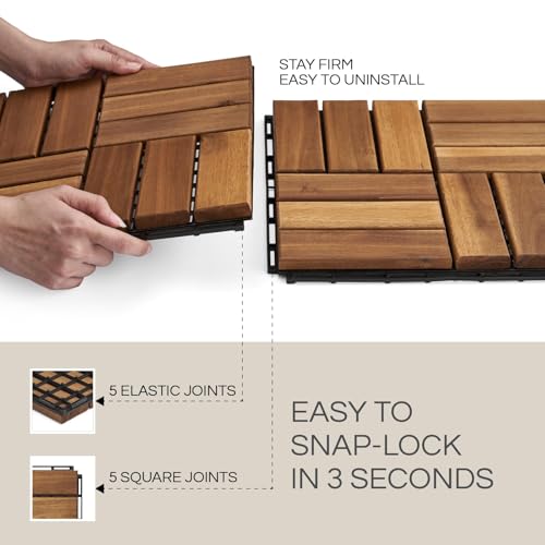 THYOI Deck Tiles, Patio Flooring - Outdoor Waterproof Acacia Wood Tiles for All Weather Use - Balcony, Backyard, Indoor & Outdoor (Golden Teak Crossed Pattern, 10 Pcs - 10 Square Ft) - Image 5