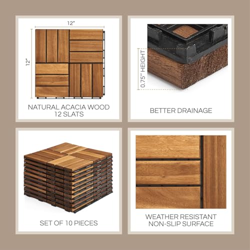 THYOI Deck Tiles, Patio Flooring - Outdoor Waterproof Acacia Wood Tiles for All Weather Use - Balcony, Backyard, Indoor & Outdoor (Golden Teak Crossed Pattern, 10 Pcs - 10 Square Ft) - Image 2