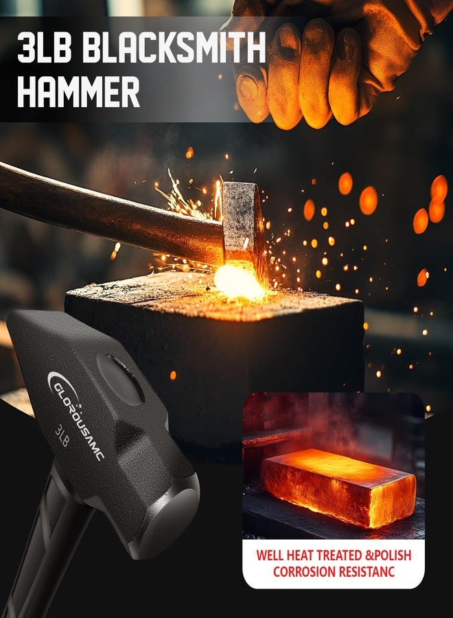 glorousamc Blacksmith Hammer, 3 lb Cross Pein Hammer with Shock Absorbing and Wedge Face - Image 4