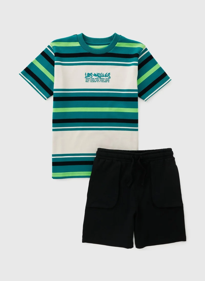 ماتلان Boys Green Stripe Top & Short Set