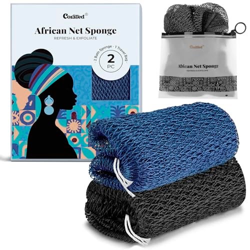 CORATED African Net Sponge Authentic, Shower Loofah Exfoliating Bath Sponge, Body Scrubber for Women and Men Daily Use Body Care, Travel Portable Bath Accessories for Bathroom (Blue & Black) - Image 1