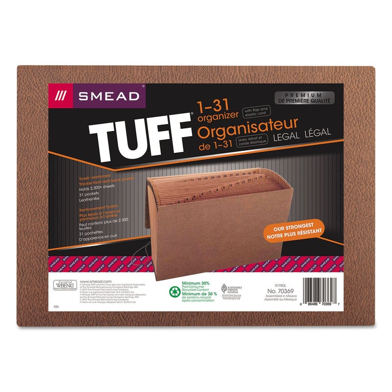Smead TUFF Expanding File, 31 Pockets, Daily (1-31), Flap and Cord Closure, Legal Size, Redrope (70369) - Image 1