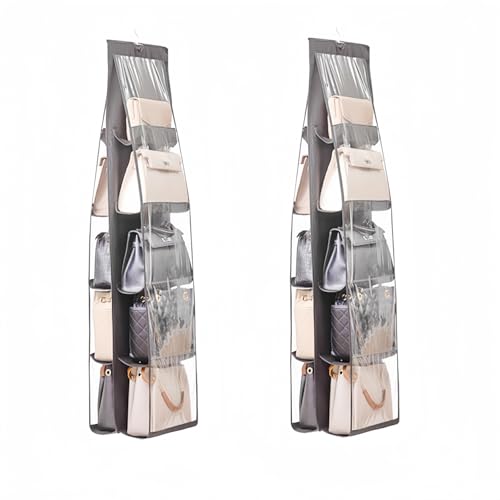 HAN SHENG 10 Pockets Clear Handbag & Purse Organizer Hanging Bag Storage - Space Saving Hanging Shelf for Closet, Wardrobe, Over Door (2 Pack, Grey) - Image 1