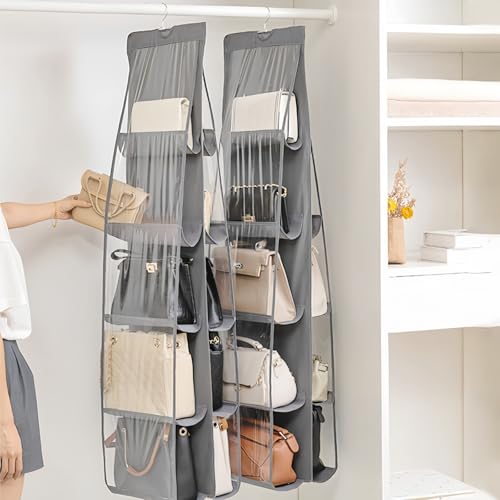 HAN SHENG 10 Pockets Clear Handbag & Purse Organizer Hanging Bag Storage - Space Saving Hanging Shelf for Closet, Wardrobe, Over Door (2 Pack, Grey) - Image 3