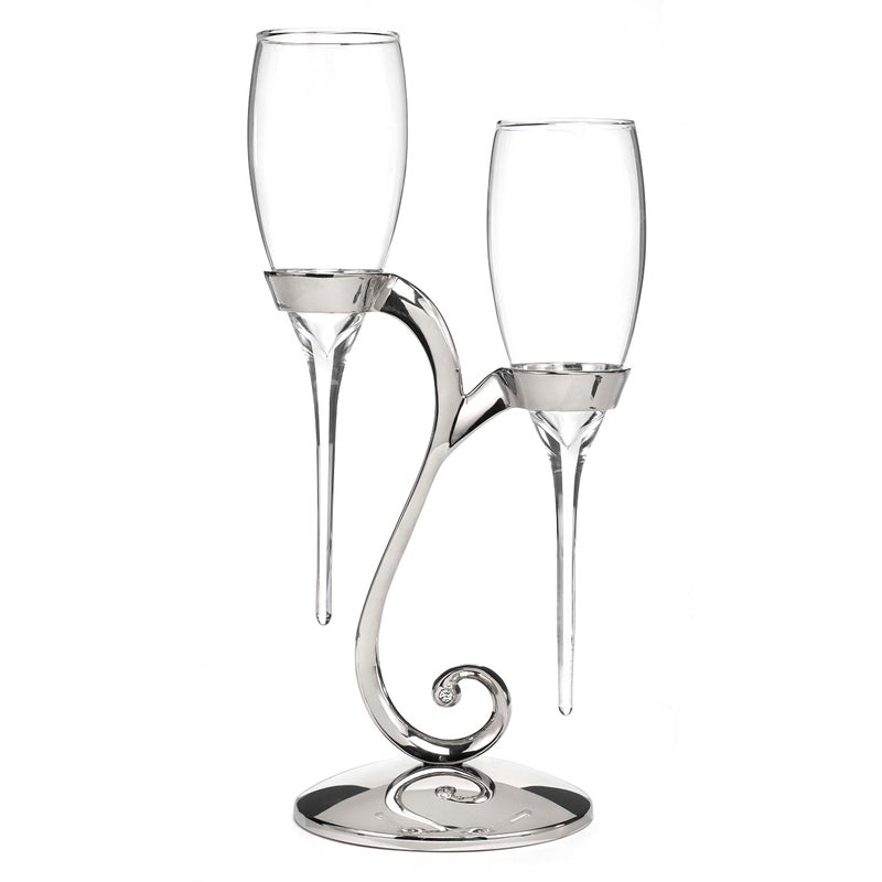 Hortense B. Hewitt Hortense B Hewitt Raindrop Shaped Champagne Toasting Flutes with Silver Color Swirl Stand Silver