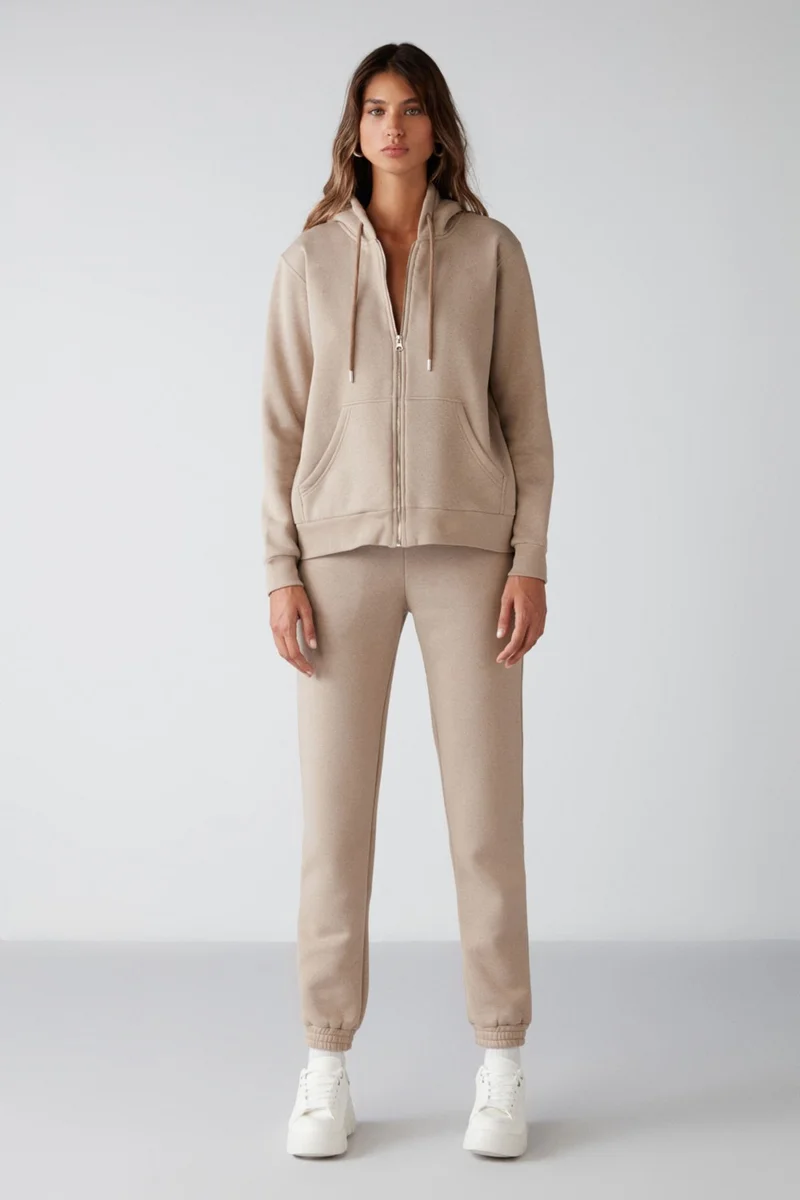 GRIMELANGE Marıtza Women's Regular Fit Elastic Waist and Legs, Fleece Lined Mink Sweatpants