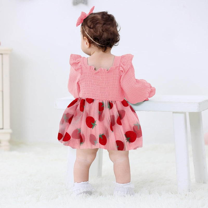 TITKKOP Baby Girl 1st Birthday Clothes One Year Old Tulle Romper Long Sleeve Bodysuit Cake Smash Outfits(pink berry,9-12M) - Image 4