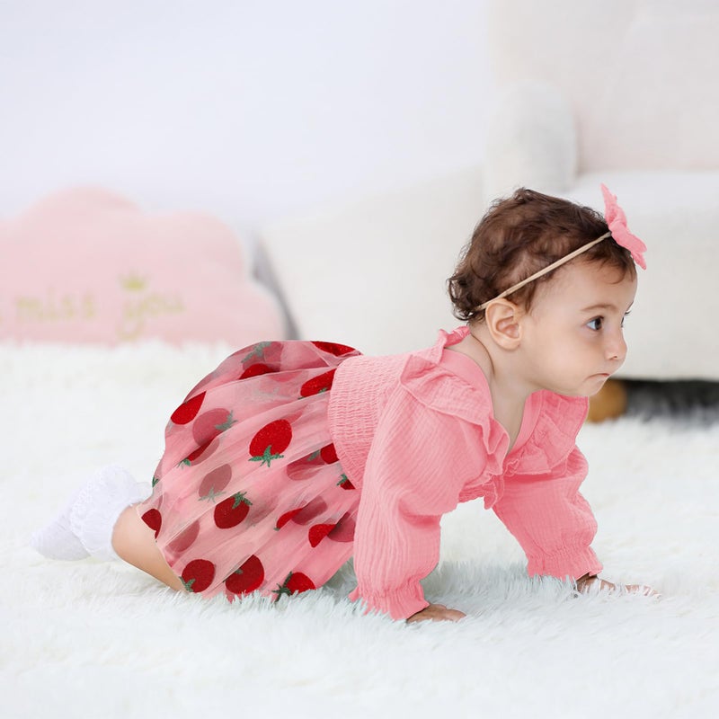 TITKKOP Baby Girl 1st Birthday Clothes One Year Old Tulle Romper Long Sleeve Bodysuit Cake Smash Outfits(pink berry,9-12M) - Image 3