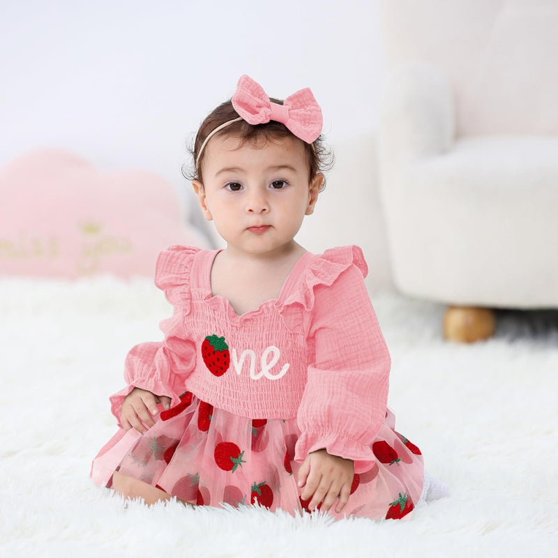 TITKKOP Baby Girl 1st Birthday Clothes One Year Old Tulle Romper Long Sleeve Bodysuit Cake Smash Outfits(pink berry,9-12M) - Image 2