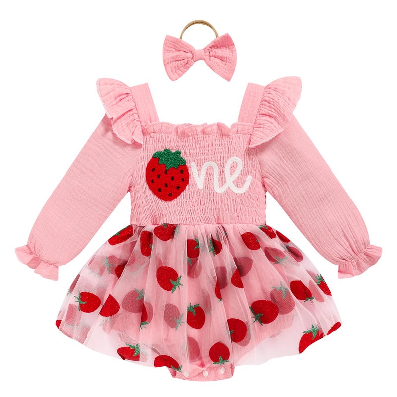 TITKKOP Baby Girl 1st Birthday Clothes One Year Old Tulle Romper Long Sleeve Bodysuit Cake Smash Outfits(pink berry,9-12M) - Image 1