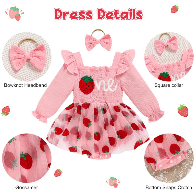 TITKKOP Baby Girl 1st Birthday Clothes One Year Old Tulle Romper Long Sleeve Bodysuit Cake Smash Outfits(pink berry,9-12M) - Image 5