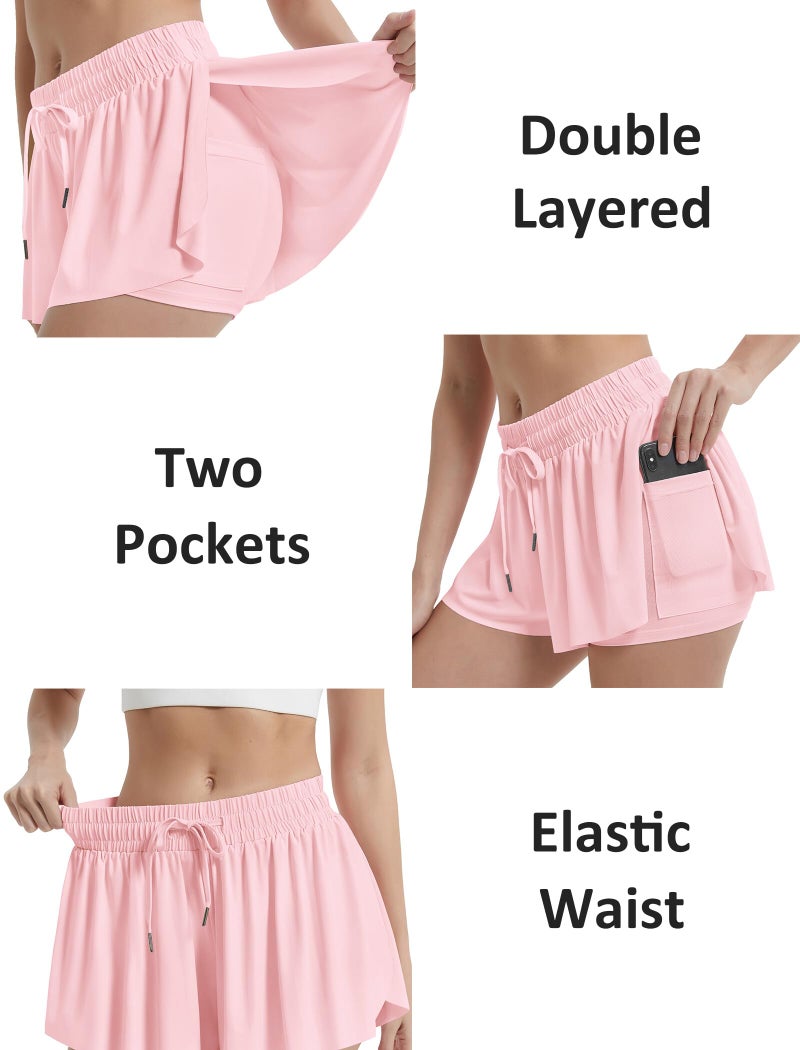 EXARUS 3 Pack Womens Butterfly Shorts Flowy Athletic 2 in 1 Running Dance Workout Tennis Gym Preppy Black White Pink L - Image 3