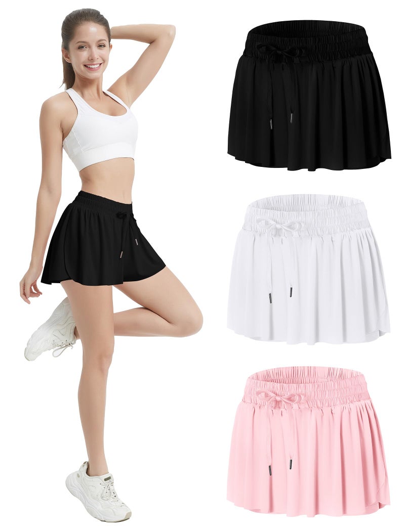 EXARUS 3 Pack Womens Butterfly Shorts Flowy Athletic 2 in 1 Running Dance Workout Tennis Gym Preppy Black White Pink L - Image 1