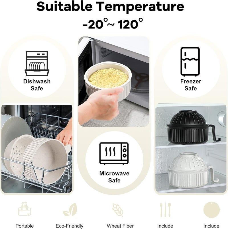 Beiyunee Ramen Bowl with Handles, 2 Set Wheat Fiber Ramen Cooker Microwave with Strainer, 34oz Noodle Bowl with Pot Mat Spoon Chopsticks Fork for Home, School, Office, Dorm, Picnic or Gift - Image 5