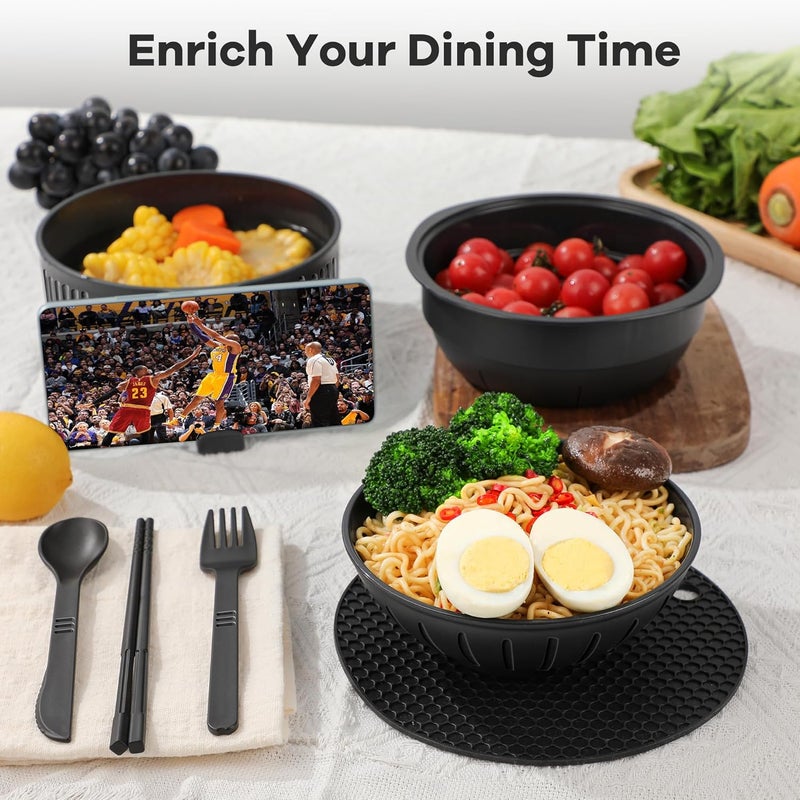 Beiyunee Ramen Bowl with Handles, 2 Set Wheat Fiber Ramen Cooker Microwave with Strainer, 34oz Noodle Bowl with Pot Mat Spoon Chopsticks Fork for Home, School, Office, Dorm, Picnic or Gift - Image 3