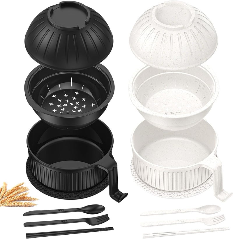 Beiyunee Ramen Bowl with Handles, 2 Set Wheat Fiber Ramen Cooker Microwave with Strainer, 34oz Noodle Bowl with Pot Mat Spoon Chopsticks Fork for Home, School, Office, Dorm, Picnic or Gift - Image 1