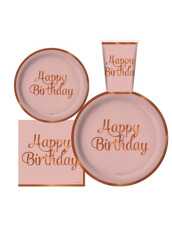 Oojami Serves 30 Complete Party Pack Happy Birthday Party Supplies 9" Dinner Paper Plates 7" Dessert Paper Plates 12 Oz Cups 3 Ply Napkins Happy Birthday Party Supplies Rose Gold Foil - Image 1