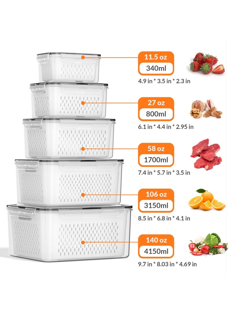 Bukela 5 PCS Large Fruit Storage Containers for Fridge with Removable Colanders, Airtight Food Storage Containers with 5 Lids, 4 in 1 Produce Containers Keep Berry Fruits Vegetable Food Meat Fresh Longer - Image 2