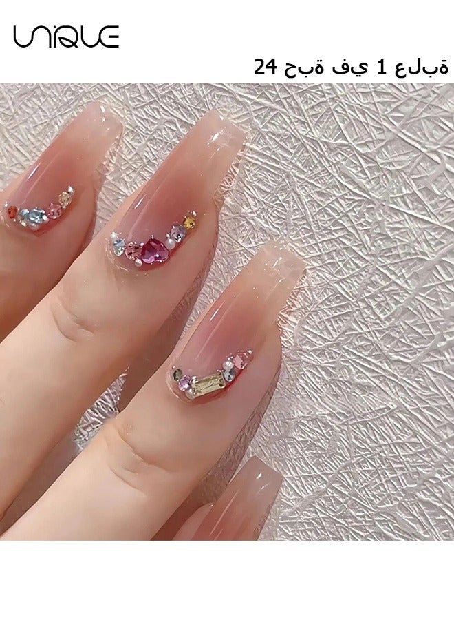 Unique 24Pcs Fake Nails, Press Nails, Mid-length Ballet Manicure - Skin Tone Manicure - Multicolor Diamond Manicure - Fake Nail Patch - Image 1