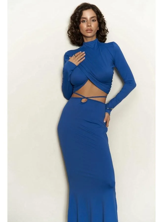 Kelsey IP Detail Saks Blue Crop Skirt Set.