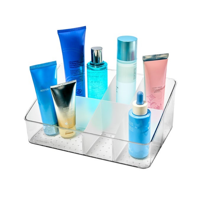 BEAUTY ORGANIZER 6COMPARTMENT BATHROOM STORAGE TRAY SOFTGRIP LINING NONSLIP BASE DURABLE AND EASY TO CLEAN CLEAR