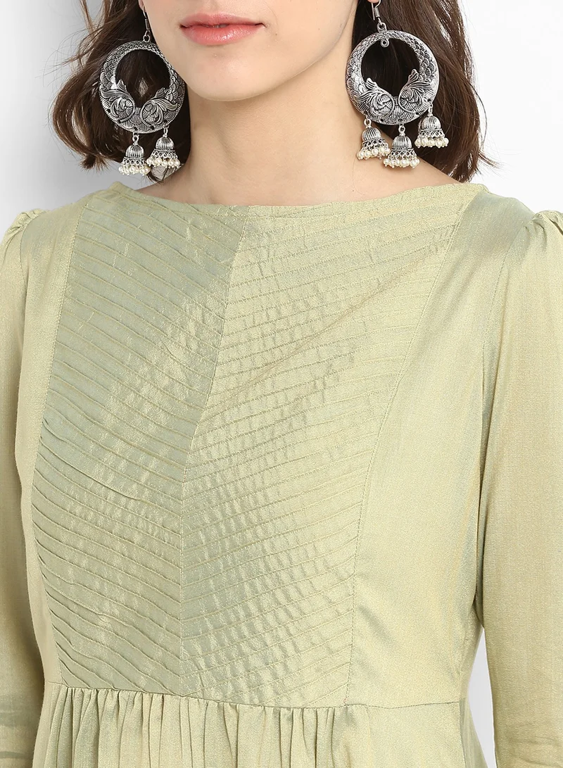 أبهشتي Sage Green Banarasi Flared Kurta with Churidar Sleeves