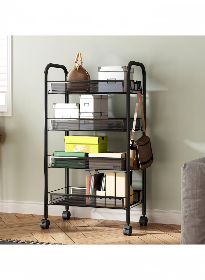 جيجيرو عربة دوارة سلكية شبكية من 4 طبقات، عربة أدوات تنظيم تخزين المطبخ، عربة تخزين فنية معدنية بالكامل مع عجلات و4 خطافات جانبية باللون الأسود - Image 1