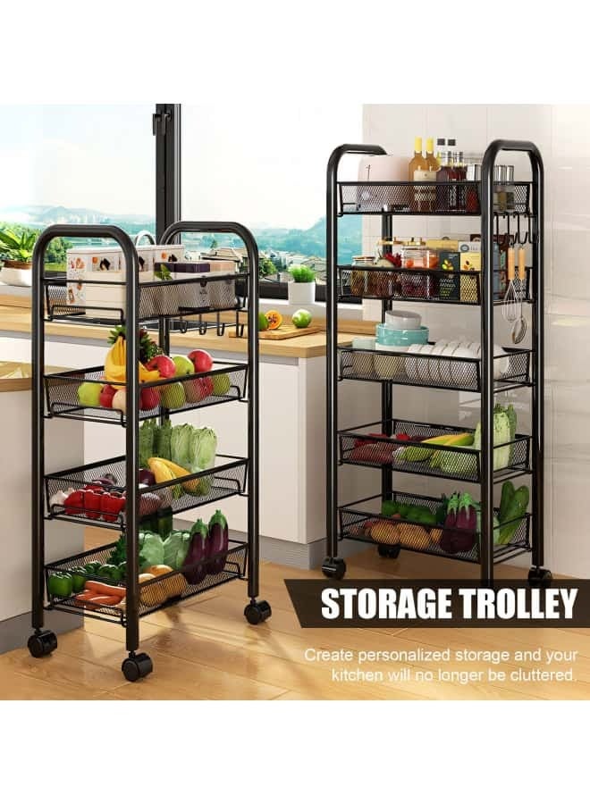 جيجيرو عربة دوارة سلكية شبكية من 4 طبقات، عربة أدوات تنظيم تخزين المطبخ، عربة تخزين فنية معدنية بالكامل مع عجلات و4 خطافات جانبية باللون الأسود - Image 2