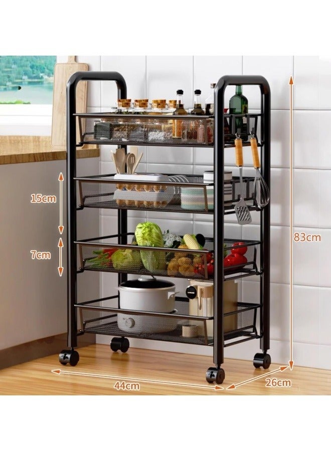 جيجيرو عربة دوارة سلكية شبكية من 4 طبقات، عربة أدوات تنظيم تخزين المطبخ، عربة تخزين فنية معدنية بالكامل مع عجلات و4 خطافات جانبية باللون الأسود - Image 3