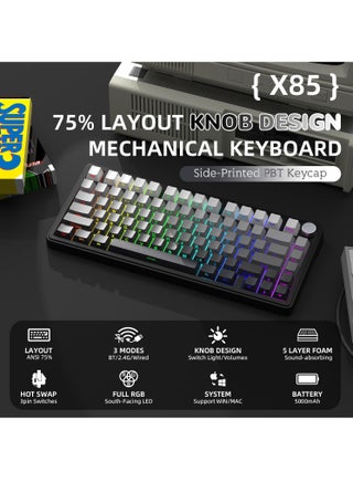 حشية ثلاثية الأوضاع X85 لوحة مفاتيح ميكانيكية بنسبة 75% مع مقبض CNC، وبطانة من 5 طبقات، وقابلة للتبديل السريع، وإضاءة خلفية RGB - view 2