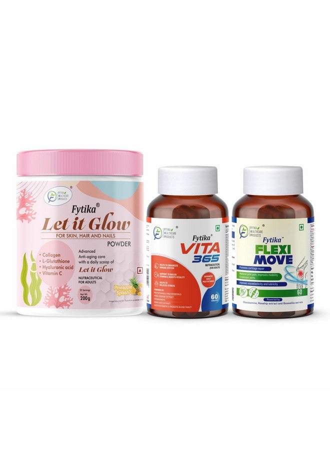 Fytika Health & Flexibility Combo - Let It Glow Collagen Powder 200g + Vita 365 Multivitamin 60 Tabs + Flexi Move Glucosamine Rosehip Extract 60 Tabs | Skin, Energy & Joint Support - Image 1