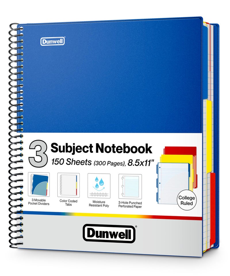 Dunwell دفتر دانويل بثلاثة أقسام، مسطر، مقاس 8.5 × 11 بوصة (أزرق) - 150 ورقة (300 صفحة)، دفتر حلزوني مقاس 8.5 × 11 بوصة مع علامات تبويب، فواصل متحركة، جيوب، غلاف بلاستيكي أمامي/خلفي، دفتر متعدد الأقسام - Image 1