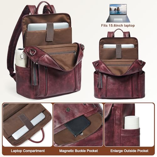 Shrrie Laptop Backpack for Women 15.6 inch,Travel Leather Backpack Purse Nurse Teacher Carry on Backpack Computer Bag,Professional Water-Resistant College Business Work Casual Daypack,Two-tone Maroon - Image 5