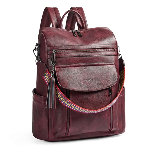 Shrrie Laptop Backpack for Women 15.6 inch,Travel Leather Backpack Purse Nurse Teacher Carry on Backpack Computer Bag,Professional Water-Resistant College Business Work Casual Daypack,Two-tone Maroon - Image 1